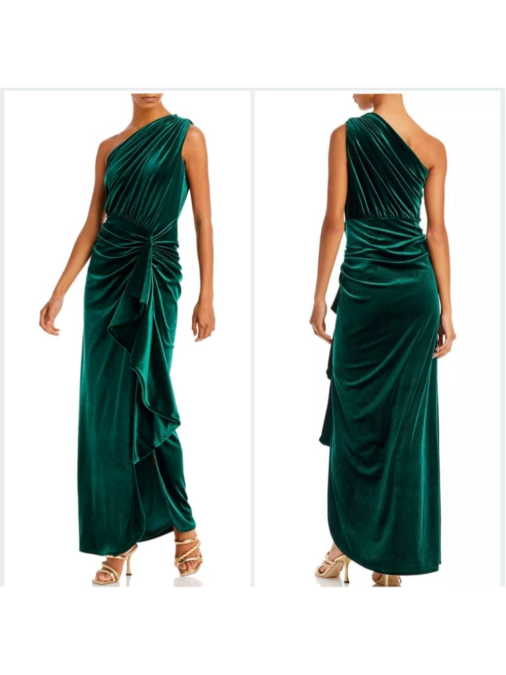 TADASHI SHOJI Green Velvet One-Shoulder Maxi Dress XL Ruched Faux Wrap Gown